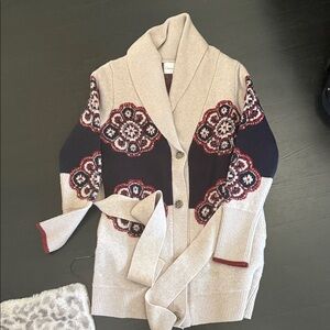 Cara Cara Beige Shawl Collar Cardigan Sweater with Red & Navy Pattern